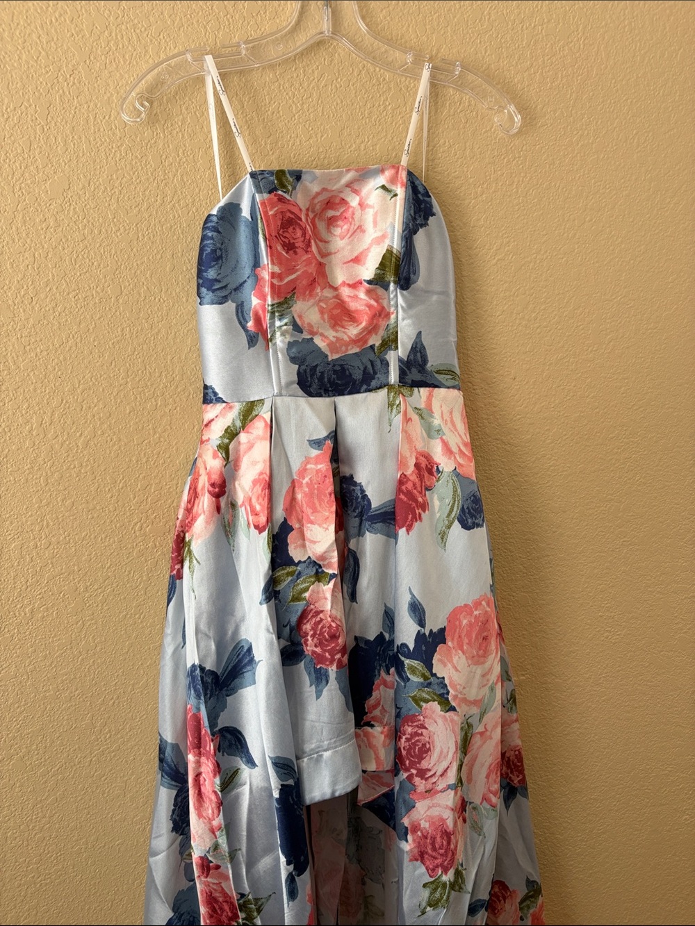 Speechless Blue Floral Asymmetrical High-Low Dress with Pink Roses